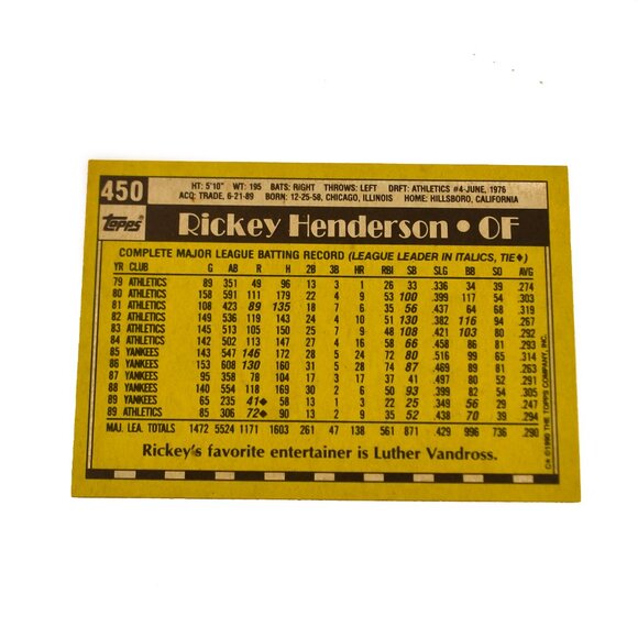 1990 Topps Rickey Henderson #450 - Oakland Athletics - HOF - Picture 2 of 2
